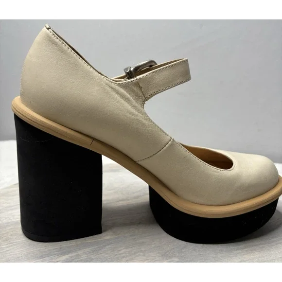 FREE PEOPLE 6.5 MAGGIE MJ PLATFORM IVORY LEATHER HEELS STRAP BUCKLE - Picture 5 of 11